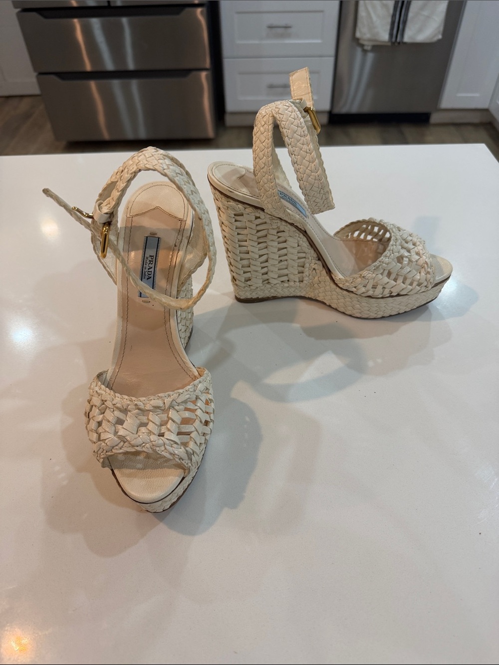 Prada Cream Braided Wedge Sandals